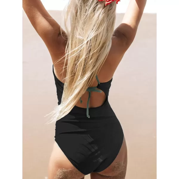 imageCUPSHE Womens One Piece Swimsuit High Neck Tummy Control Swimwear Bathing SuitBlack  Green