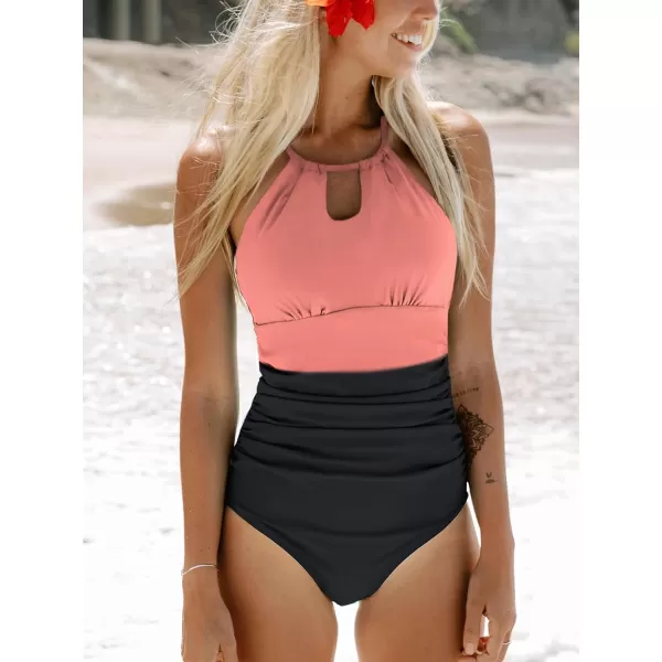 imageCUPSHE Womens One Piece Swimsuit High Neck Tummy Control Swimwear Bathing SuitBlack  Pink