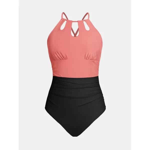 imageCUPSHE Womens One Piece Swimsuit High Neck Tummy Control Swimwear Bathing SuitBlack  Pink