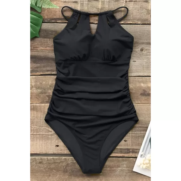 imageCUPSHE Womens One Piece Swimsuit High Neck Tummy Control Swimwear Bathing SuitBlack
