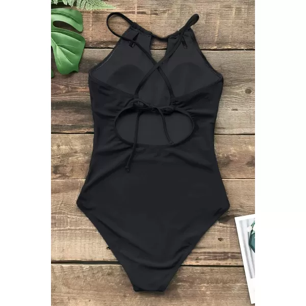 imageCUPSHE Womens One Piece Swimsuit High Neck Tummy Control Swimwear Bathing SuitBlack