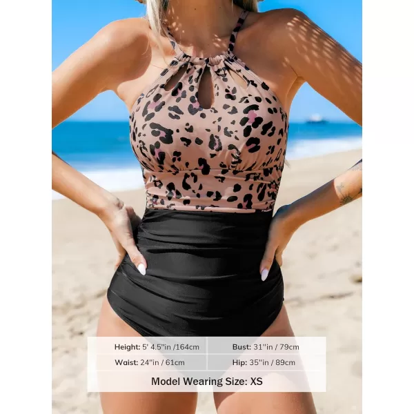 imageCUPSHE Womens One Piece Swimsuit High Neck Tummy Control Swimwear Bathing SuitBlackLeopard Print