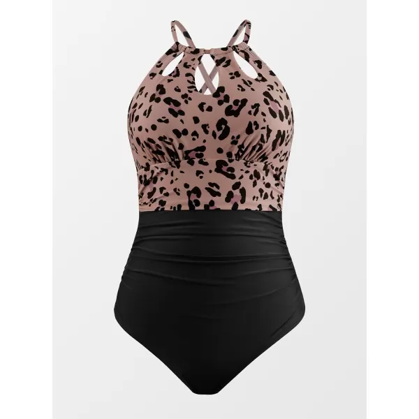 imageCUPSHE Womens One Piece Swimsuit High Neck Tummy Control Swimwear Bathing SuitBlackLeopard Print