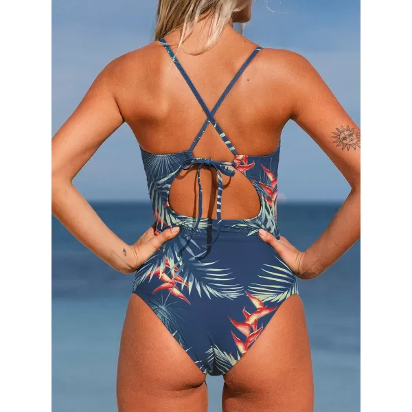 imageCUPSHE Womens One Piece Swimsuit High Neck Tummy Control Swimwear Bathing SuitBlueLeaf