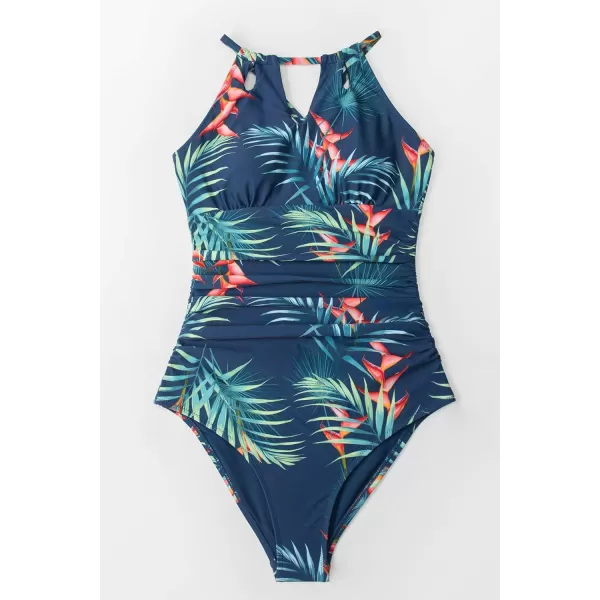 imageCUPSHE Womens One Piece Swimsuit High Neck Tummy Control Swimwear Bathing SuitBlueLeaf