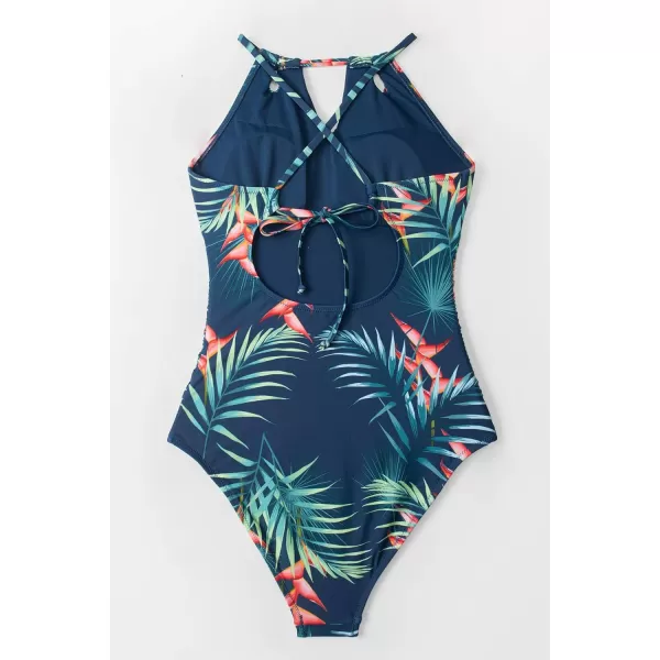 imageCUPSHE Womens One Piece Swimsuit High Neck Tummy Control Swimwear Bathing SuitBlueLeaf