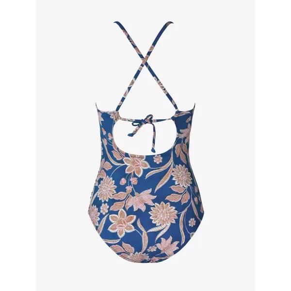 imageCUPSHE Womens One Piece Swimsuit High Neck Tummy Control Swimwear Bathing SuitDark Blue  Floral