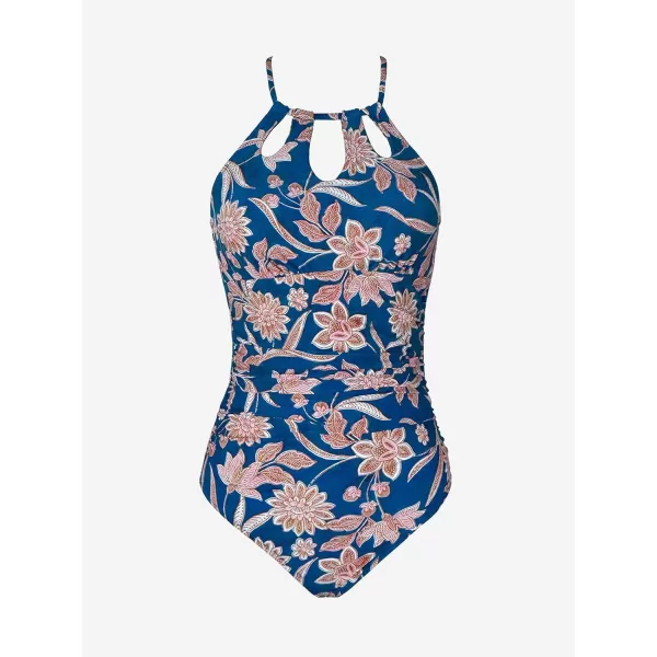 imageCUPSHE Womens One Piece Swimsuit High Neck Tummy Control Swimwear Bathing SuitDark Blue  Floral