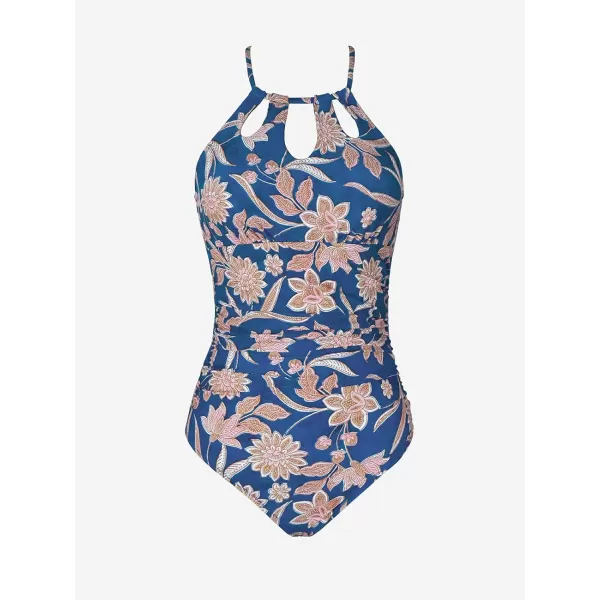 imageCUPSHE Womens One Piece Swimsuit High Neck Tummy Control Swimwear Bathing SuitDark Blue  Floral