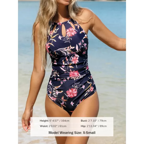 imageCUPSHE Womens One Piece Swimsuit High Neck Tummy Control Swimwear Bathing SuitDark Purple  Floral
