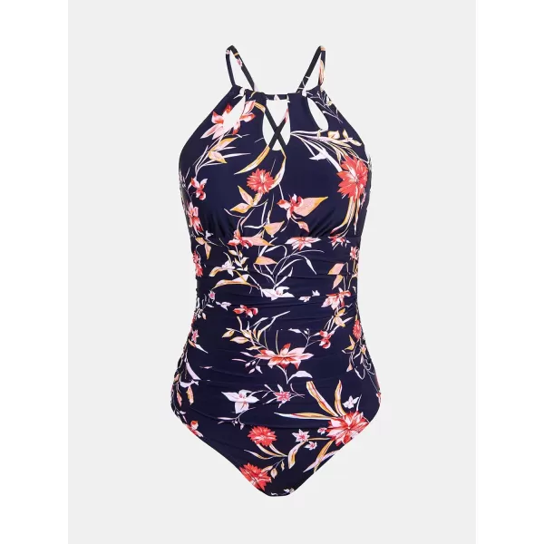 imageCUPSHE Womens One Piece Swimsuit High Neck Tummy Control Swimwear Bathing SuitDark Purple  Floral