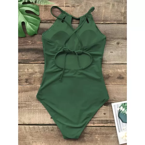 imageCUPSHE Womens One Piece Swimsuit High Neck Tummy Control Swimwear Bathing SuitGreen