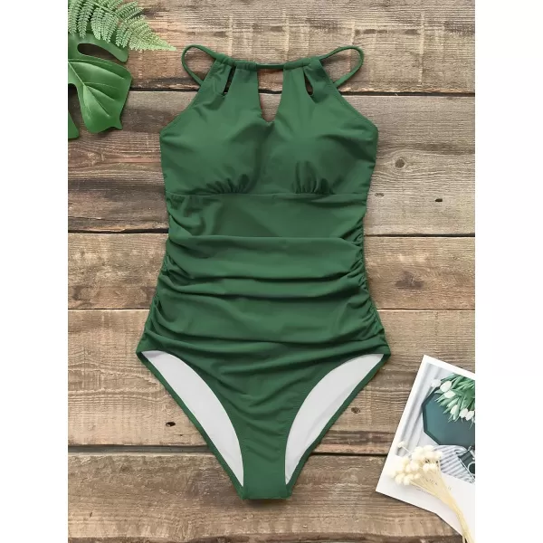 imageCUPSHE Womens One Piece Swimsuit High Neck Tummy Control Swimwear Bathing SuitGreen
