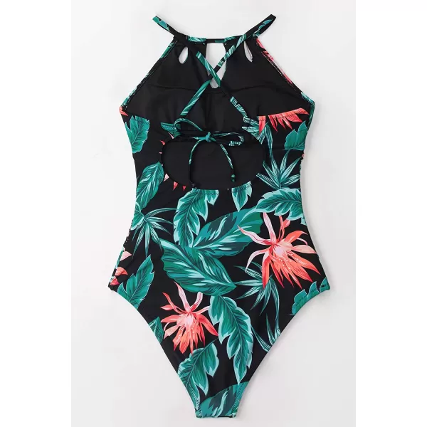 imageCUPSHE Womens One Piece Swimsuit High Neck Tummy Control Swimwear Bathing SuitGreen Leaf