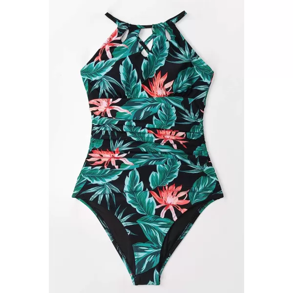 imageCUPSHE Womens One Piece Swimsuit High Neck Tummy Control Swimwear Bathing SuitGreen Leaf