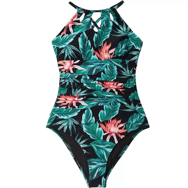 imageCUPSHE Womens One Piece Swimsuit High Neck Tummy Control Swimwear Bathing SuitGreen Leaf
