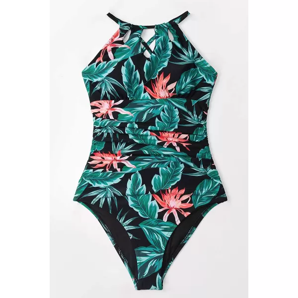 imageCUPSHE Womens One Piece Swimsuit High Neck Tummy Control Swimwear Bathing SuitGreen Leaf