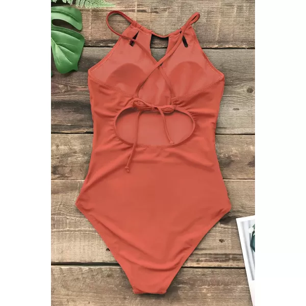 imageCUPSHE Womens One Piece Swimsuit High Neck Tummy Control Swimwear Bathing SuitOrange
