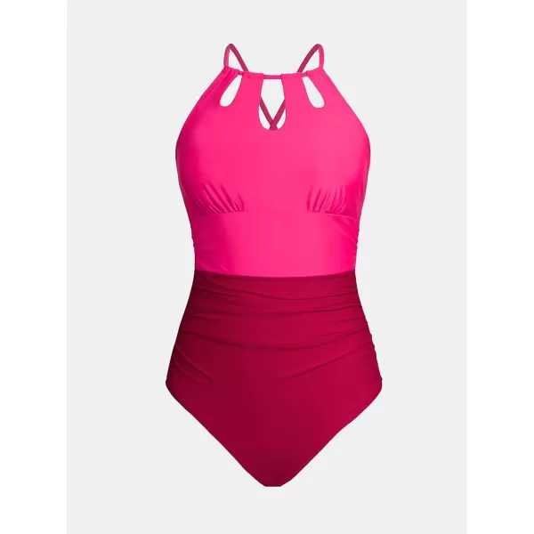 imageCUPSHE Womens One Piece Swimsuit High Neck Tummy Control Swimwear Bathing SuitRed  Neon Pink