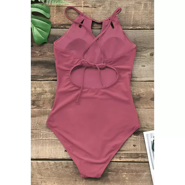 imageCUPSHE Womens One Piece Swimsuit High Neck Tummy Control Swimwear Bathing SuitRed Bean