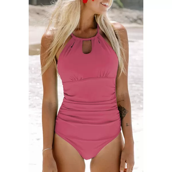 imageCUPSHE Womens One Piece Swimsuit High Neck Tummy Control Swimwear Bathing SuitRed Bean