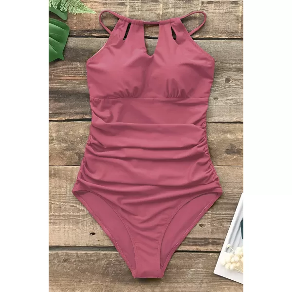 imageCUPSHE Womens One Piece Swimsuit High Neck Tummy Control Swimwear Bathing SuitRed Bean