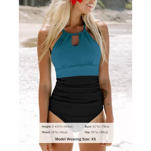 imageCUPSHE Womens One Piece Swimsuit High Neck Tummy Control Swimwear Bathing SuitTeal BlueBlack