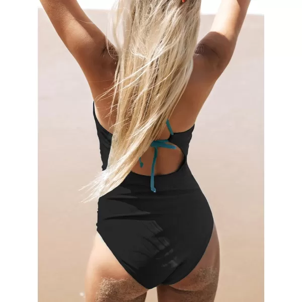 imageCUPSHE Womens One Piece Swimsuit High Neck Tummy Control Swimwear Bathing SuitTeal BlueBlack