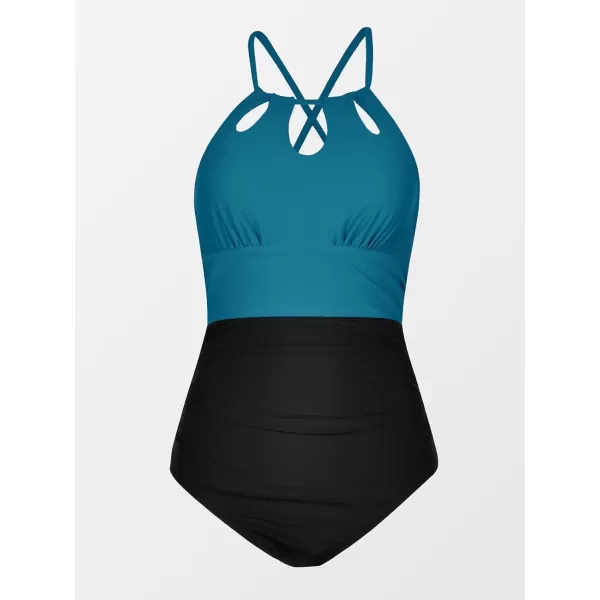 imageCUPSHE Womens One Piece Swimsuit High Neck Tummy Control Swimwear Bathing SuitTeal BlueBlack
