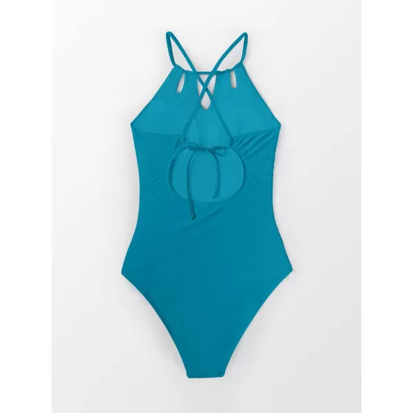 imageCUPSHE Womens One Piece Swimsuit High Neck Tummy Control Swimwear Bathing SuitTurquoise