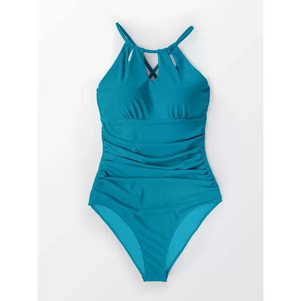 imageCUPSHE Womens One Piece Swimsuit High Neck Tummy Control Swimwear Bathing SuitTurquoise