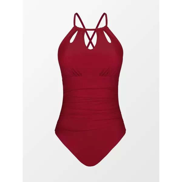 imageCUPSHE Womens One Piece Swimsuit High Neck Tummy Control Swimwear Bathing SuitWine Red