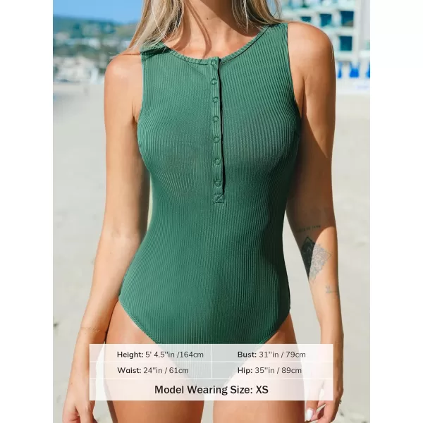imageCUPSHE Womens One Piece Swimsuit High Round Neck Bathng Suit Button Textured SwimwearEucalyptus Green