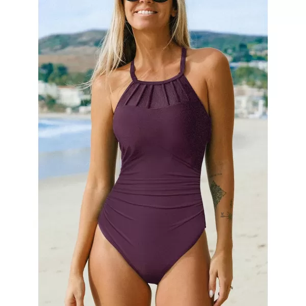 imageCUPSHE Womens One Piece Swimsuit Mesh Bathing Suit Ruched High Neck Swimwear Adjustable StrapsBurgundy