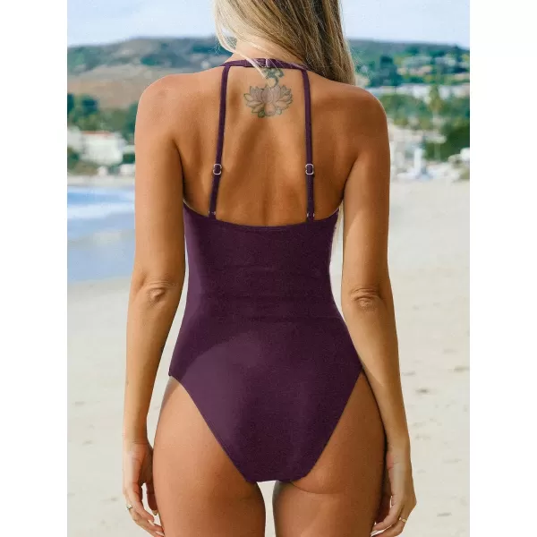 imageCUPSHE Womens One Piece Swimsuit Mesh Bathing Suit Ruched High Neck Swimwear Adjustable StrapsBurgundy