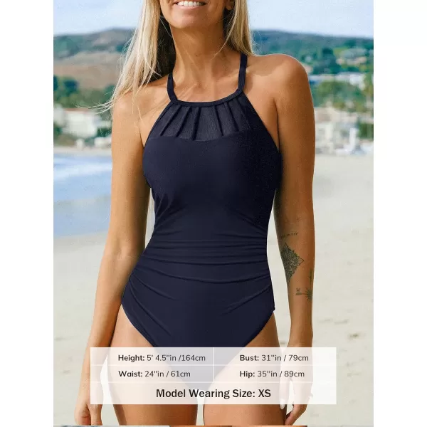 imageCUPSHE Womens One Piece Swimsuit Mesh Bathing Suit Ruched High Neck Swimwear Adjustable StrapsNavy Blue