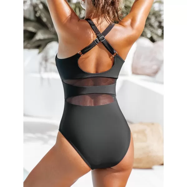 imageCUPSHE Womens One Piece Swimsuit Mesh Scoop Neck Crisscross Back Adjustable Straps Bathing SuitBlack