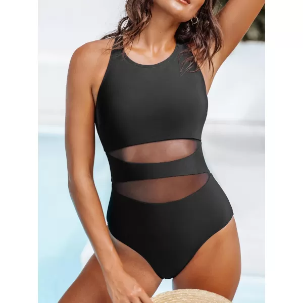imageCUPSHE Womens One Piece Swimsuit Mesh Scoop Neck Crisscross Back Adjustable Straps Bathing SuitBlack