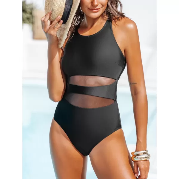 imageCUPSHE Womens One Piece Swimsuit Mesh Scoop Neck Crisscross Back Adjustable Straps Bathing SuitBlack