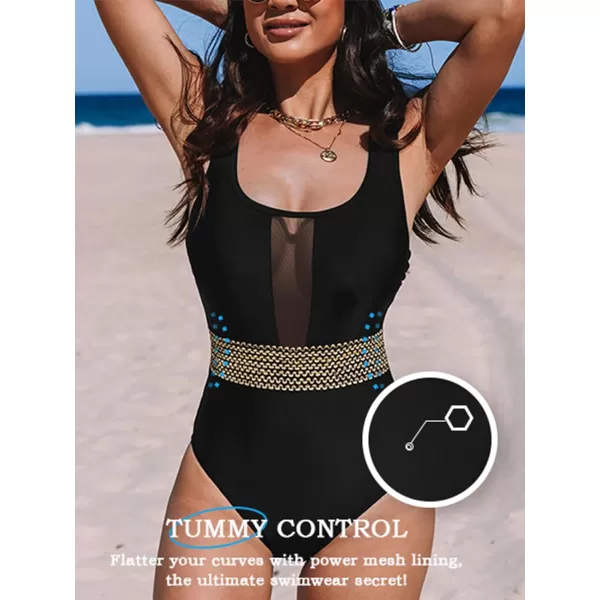 imageCUPSHE Womens One Piece Swimsuit Mesh Tummy Control Slimming Bathing Suit Back Crisscross SwimwearBlack