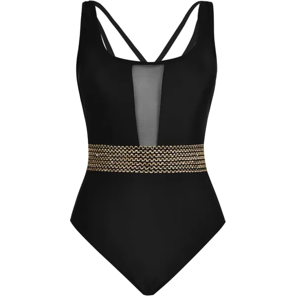 imageCUPSHE Womens One Piece Swimsuit Mesh Tummy Control Slimming Bathing Suit Back Crisscross SwimwearBlack