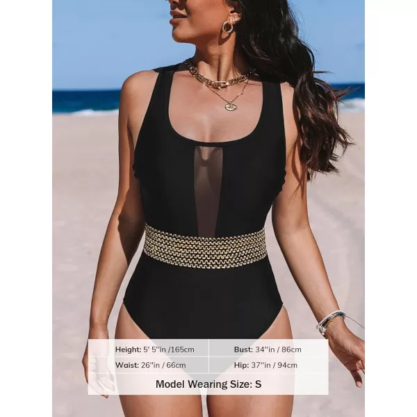 imageCUPSHE Womens One Piece Swimsuit Mesh Tummy Control Slimming Bathing Suit Back Crisscross SwimwearBlack