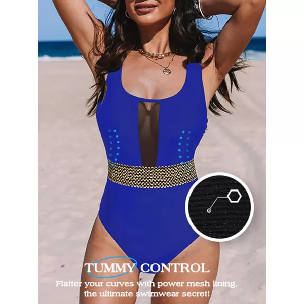 imageCUPSHE Womens One Piece Swimsuit Mesh Tummy Control Slimming Bathing Suit Back Crisscross SwimwearRoyal Blue