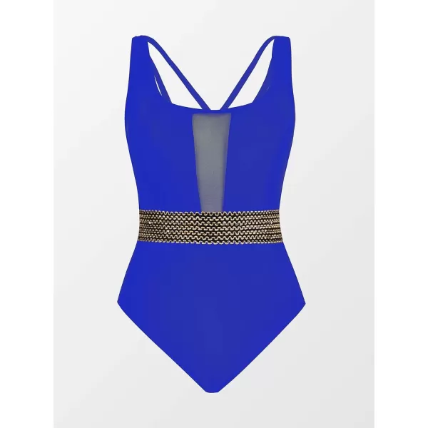 imageCUPSHE Womens One Piece Swimsuit Mesh Tummy Control Slimming Bathing Suit Back Crisscross SwimwearRoyal Blue