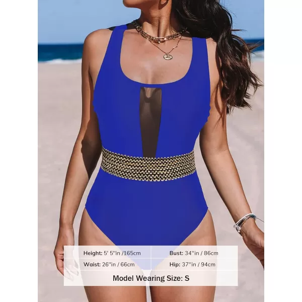 imageCUPSHE Womens One Piece Swimsuit Mesh Tummy Control Slimming Bathing Suit Back Crisscross SwimwearRoyal Blue