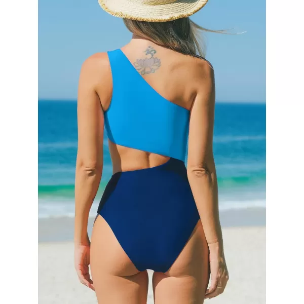imageCUPSHE Womens One Piece Swimsuit One Shoulder Bathing Suit Cutout Color Block SwimwearBlue Color Block