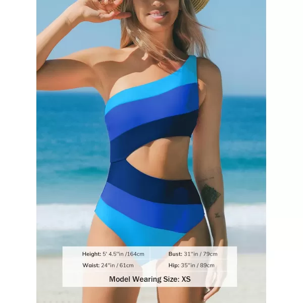 imageCUPSHE Womens One Piece Swimsuit One Shoulder Bathing Suit Cutout Color Block SwimwearBlue Color Block