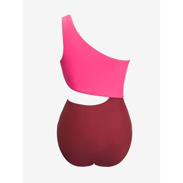 imageCUPSHE Womens One Piece Swimsuit One Shoulder Bathing Suit Cutout Color Block SwimwearPink Wine Red