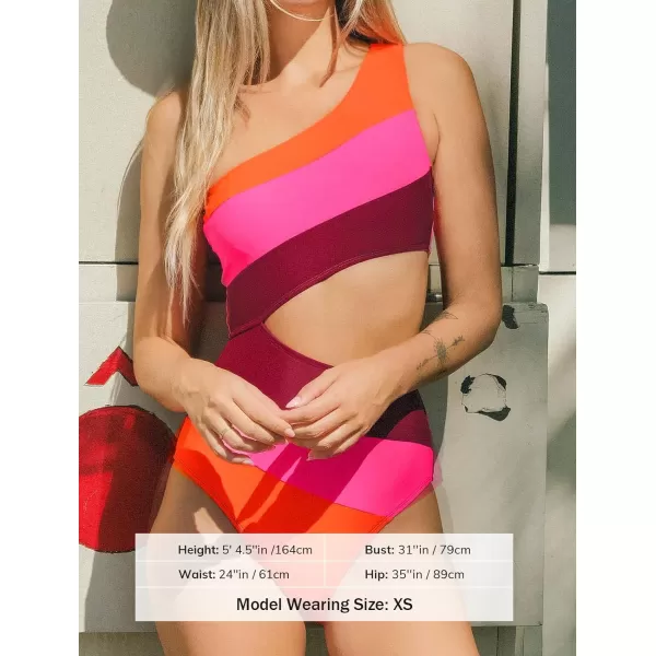 imageCUPSHE Womens One Piece Swimsuit One Shoulder Bathing Suit Cutout Color Block SwimwearPink Wine Red