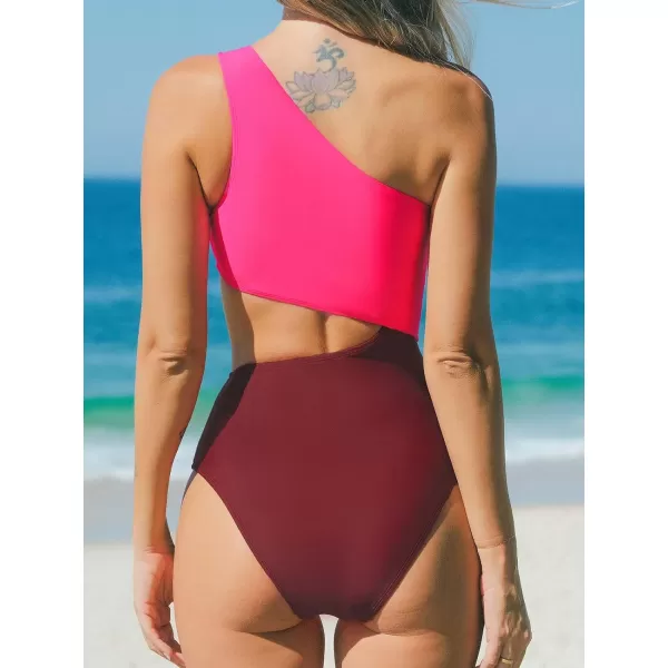 imageCUPSHE Womens One Piece Swimsuit One Shoulder Bathing Suit Cutout Color Block SwimwearPink Wine Red